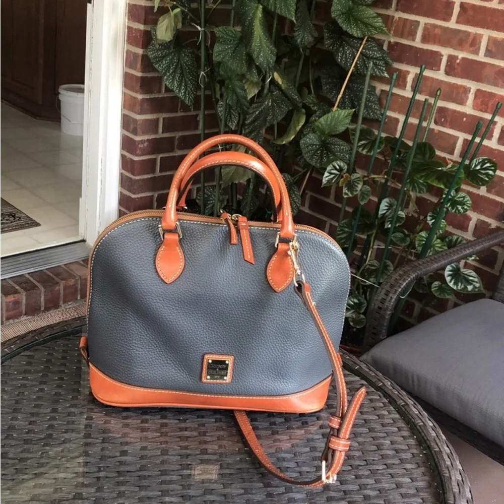 Dooney and Bourke Grey Pebbled Tan Leather Zip Zip Satchel Bag